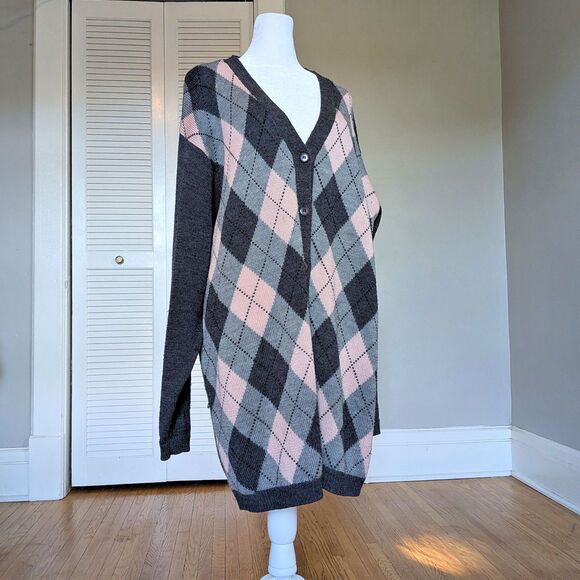 Vintage Argyle Cardigan 90s Elisabeth Gray Knit Longline Dark Academia Size 1X - Picture 2 of 9